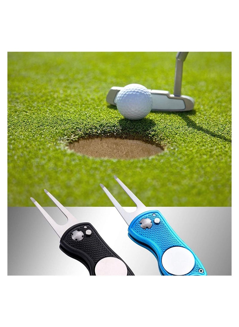 SYOSI Metal Foldable Golf Divot Tool, Golf Lawn Repair Folding Fork with Pop Up Button And Magnetic Ball Marker, Portable Golf Pitchfork, Fish Design (Pack of 2, Black, Blue)  - Image 4
