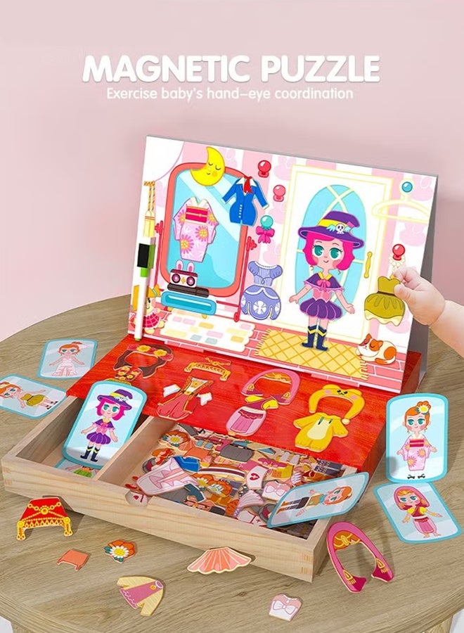 YelaJoy Magnetic Drawing Board, Girls Dress up themed toys, Magnetic Jigsaw Puzzle,Wooden Puzzles Games Toys for Kids Drawing Learning - Image 5