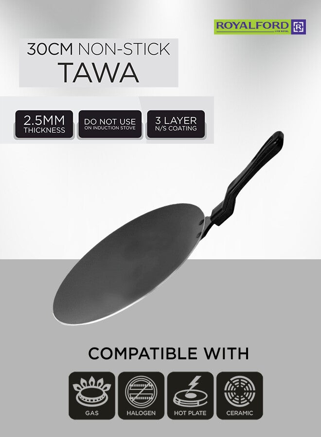 Royalford 30CM Non-Stick Tawa – 3-Layer Durable Non-Stick Coating, 3 mm Thick Flat Pan with Heat-Resistant Bakelite Handle, Spin Bottom for Even Heating, Elegant Design, Easy to Clean – Ideal for Dosa, Roti, Pancake, Crepe & Chapatti Black 30cm - Image 3