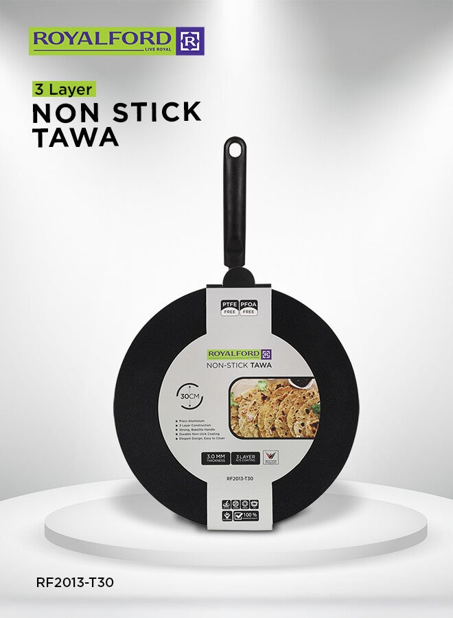 30CM Non-Stick Tawa – 3-Layer Durable Non-Stick Coating, 3 mm Thick Flat Pan with Heat-Resistant Bakelite Handle, Spin Bottom for Even Heating, Elegant Design, Easy to Clean – Ideal for Dosa, Roti, Pancake, Crepe & Chapatti Black 30cm