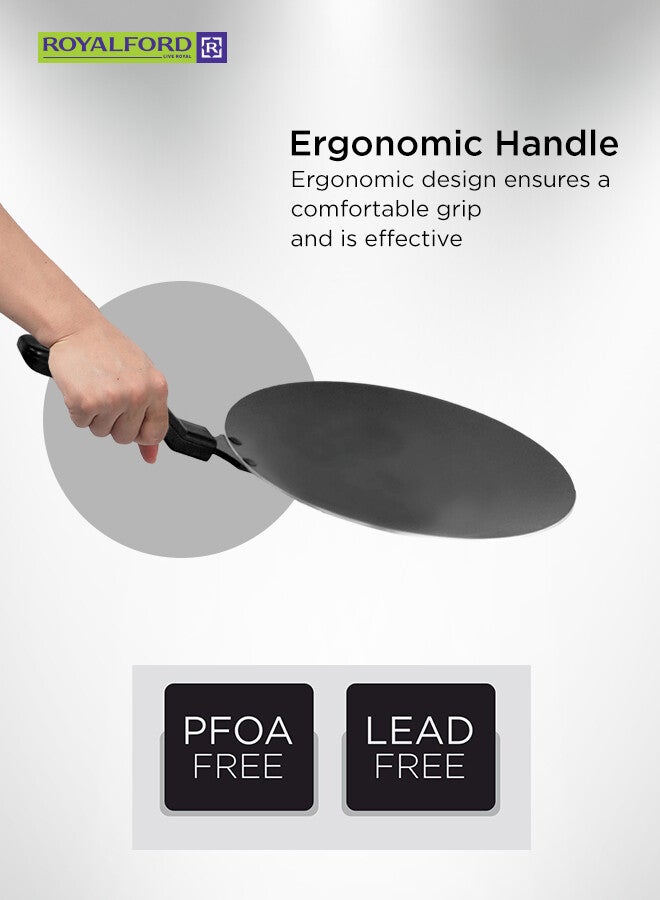 Royalford 30CM Non-Stick Tawa – 3-Layer Durable Non-Stick Coating, 3 mm Thick Flat Pan with Heat-Resistant Bakelite Handle, Spin Bottom for Even Heating, Elegant Design, Easy to Clean – Ideal for Dosa, Roti, Pancake, Crepe & Chapatti Black 30cm - Image 2