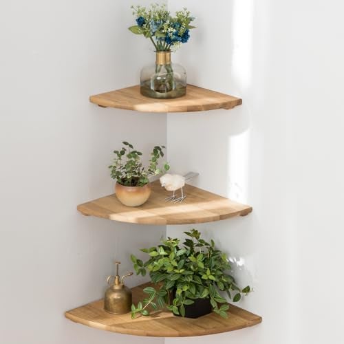Conamily Corner Shelves, Floating Corner Shelf, Set of 3 Solid Oak Wood Corner Wall Shelves, Round End with Wire Hole Shelving for Small Plant for Bedroom Kitchen, Living Room (Size 9/10/12in) - Image 1