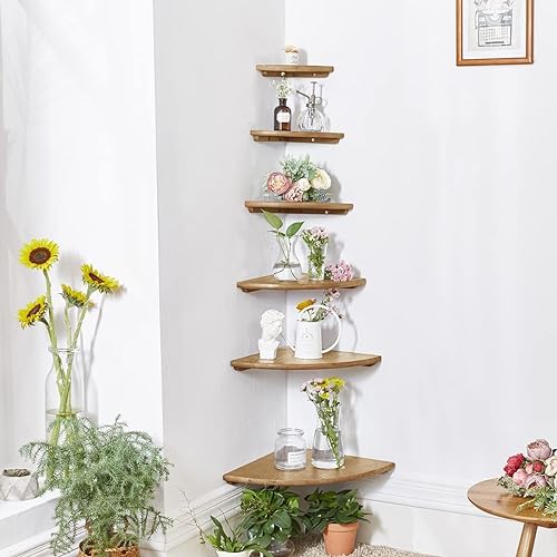 Conamily Corner Shelves, Floating Corner Shelf, Set of 3 Solid Oak Wood Corner Wall Shelves, Round End with Wire Hole Shelving for Small Plant for Bedroom Kitchen, Living Room (Size 9/10/12in) - Image 5
