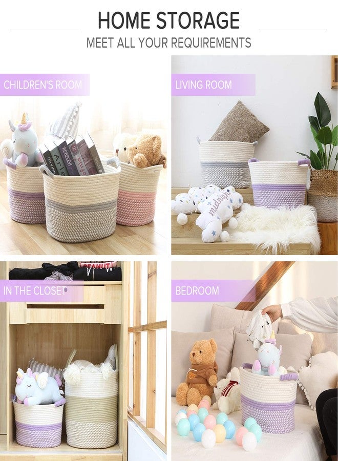 Hinwo Oval Cotton Rope Storage Basket Collapsible Nursery Storage Box Container Organizer with Handles, 13 x 10 inches, Off White and Lavander - Image 3