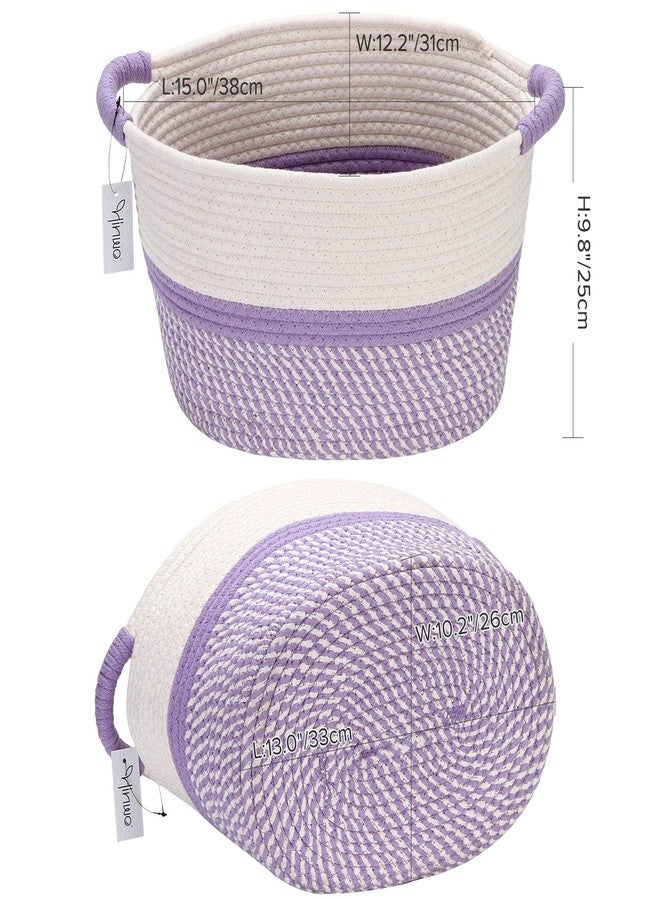 Hinwo Oval Cotton Rope Storage Basket Collapsible Nursery Storage Box Container Organizer with Handles, 13 x 10 inches, Off White and Lavander - Image 4