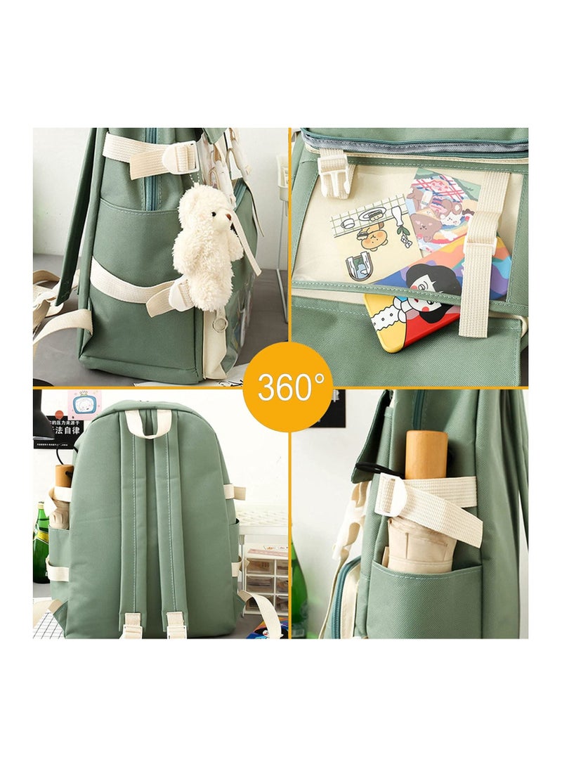 KASTWAVE 4 PCS Backpack Combo Set, with Bear Pendant Cute Cartoon Kawaii Accessories Canvas Kawaii School Bag Sets with Pencil Box Lunch Box Bag (Green) - Image 5