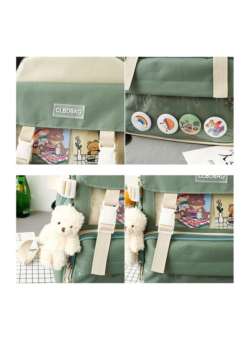 KASTWAVE 4 PCS Backpack Combo Set, with Bear Pendant Cute Cartoon Kawaii Accessories Canvas Kawaii School Bag Sets with Pencil Box Lunch Box Bag (Green) - Image 4