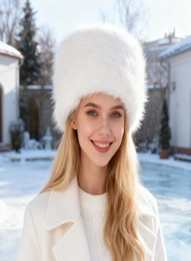 Fumwase Women's Winter Faux Fur Hat with Elastic Earwarmer Earmuff Warm Cap Fluffy Bucket Hat Furry (US, Alpha, One Size, White) - Image 4