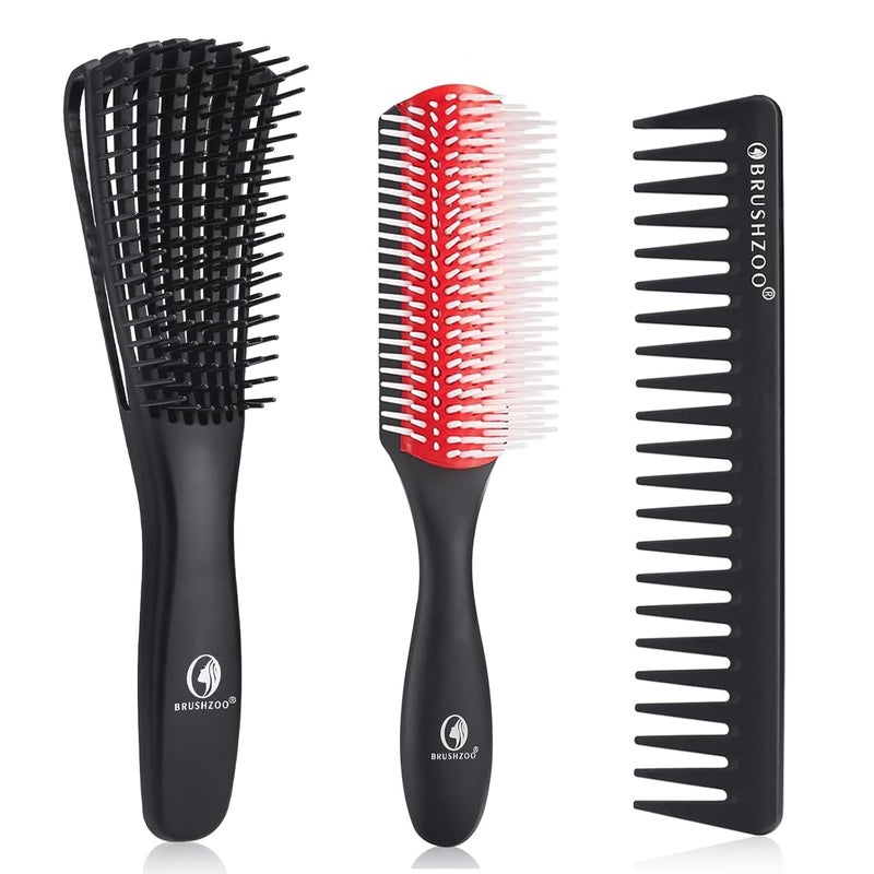O BRUSHZOO Hair Brush Set, Detangler Brush for Natural 3/4abc Curly Hair, Hair Brushes for Women Men Kids with Detangling Brush 9 Row Brush Wide Tooth comb