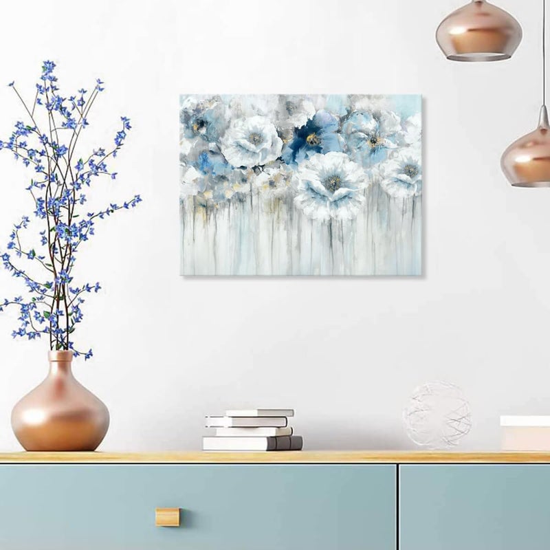 Woxfcart Abstract Flower Pictures Decor Wall Art - White Floral Canvas Print with Gold for Blue Bedroom Bathroom, Framed Size 15x12 - Image 3