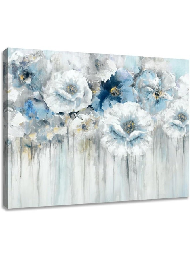 Woxfcart Abstract Flower Pictures Decor Wall Art - White Floral Canvas Print with Gold for Blue Bedroom Bathroom, Framed Size 15x12 - Image 1