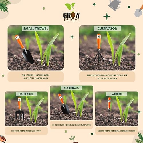 GROW DELIGHT Gardening Tools Kit-9 Pcs (Fork, Cultivator, Big Trowel, Small Trowel, Weeder, Garden Pruner, Gardening Gloves Green, Water Spray Gun, Flower Seeds Packet) | Durable Gardening Tools - Image 2