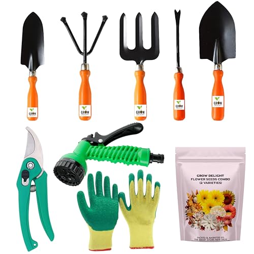 GROW DELIGHT Gardening Tools Kit-9 Pcs (Fork, Cultivator, Big Trowel, Small Trowel, Weeder, Garden Pruner, Gardening Gloves Green, Water Spray Gun, Flower Seeds Packet) | Durable Gardening Tools - Image 1