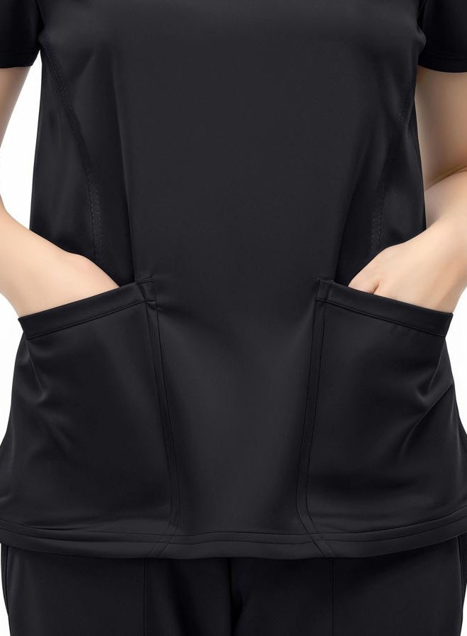 NY Threads Scrub Tops for Women Soft Stretch V-Neck Medical Scrub Top with Pockets, Large, Black - Image 5