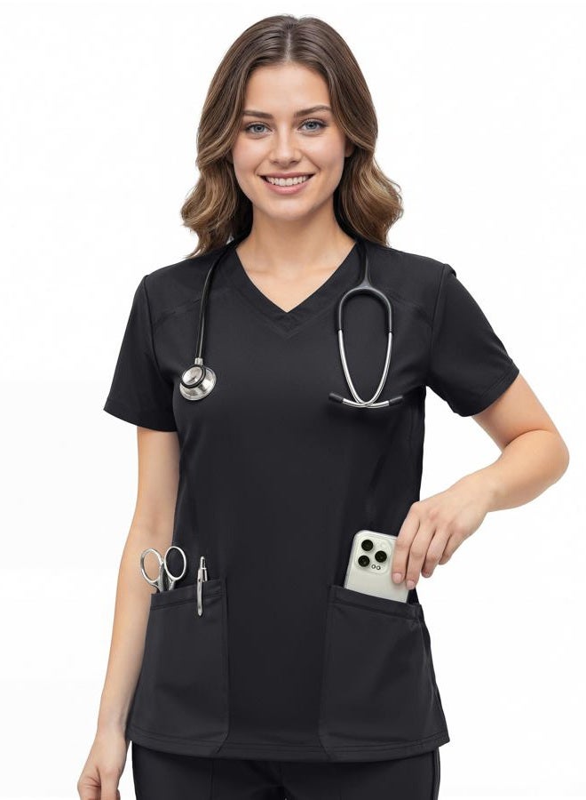 NY Threads Scrub Tops for Women Soft Stretch V-Neck Medical Scrub Top with Pockets, Large, Black - Image 1