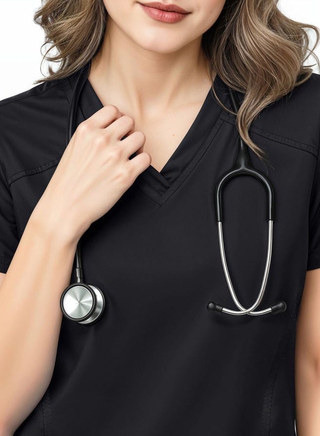 NY Threads Scrub Tops for Women Soft Stretch V-Neck Medical Scrub Top with Pockets, Large, Black - Image 3