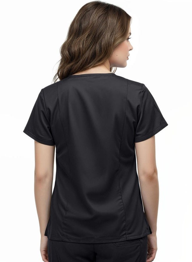 NY Threads Scrub Tops for Women Soft Stretch V-Neck Medical Scrub Top with Pockets, Large, Black - Image 2