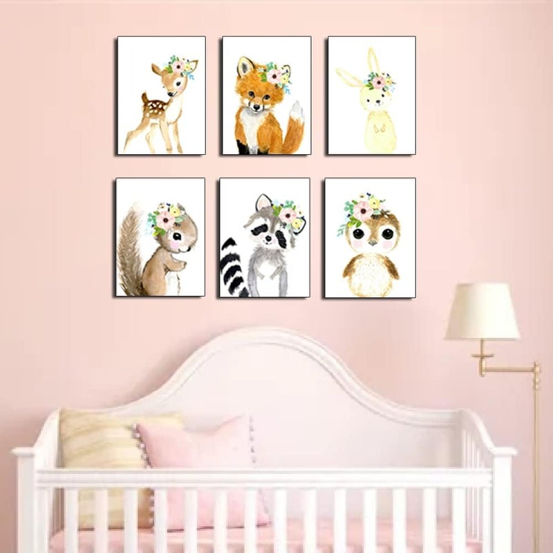 Kiddale لوحات فنية للأطفال من كيدال وودلاند للحيوانات المائية، 6 قطع من ملصقات الحيوانات اللطيفة بتاج زهور للسفاري، ديكور حائط لغرفة الأطفال والفتيات وغرفة اللعب وغرفة toddlers (بدون إطار، 8 × 10 بوصة) - Image 3