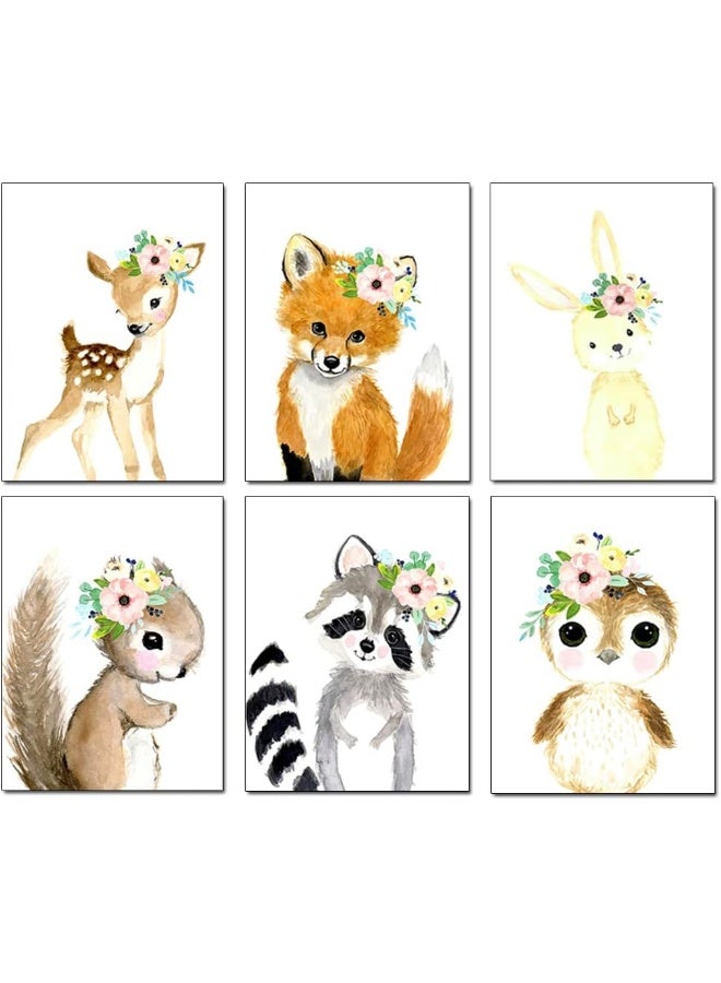 Kiddale لوحات فنية للأطفال من كيدال وودلاند للحيوانات المائية، 6 قطع من ملصقات الحيوانات اللطيفة بتاج زهور للسفاري، ديكور حائط لغرفة الأطفال والفتيات وغرفة اللعب وغرفة toddlers (بدون إطار، 8 × 10 بوصة) - Image 1