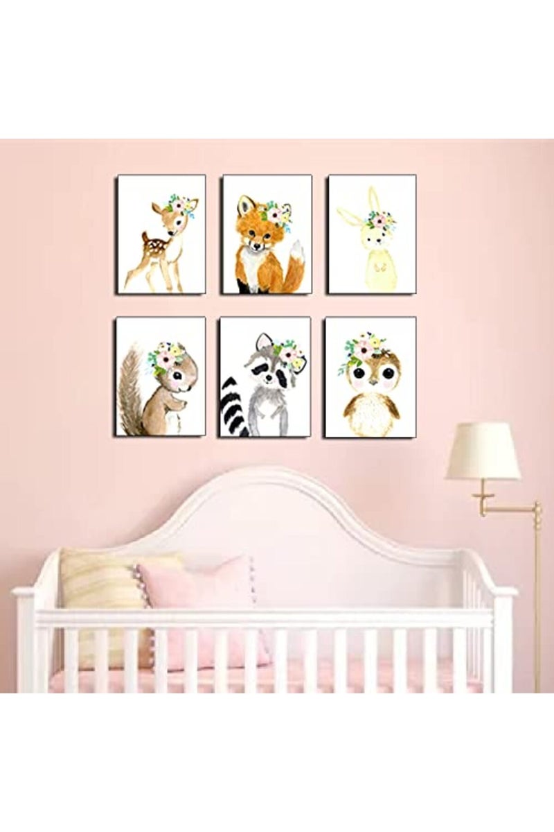 Kiddale Woodland Watercolor Animals Nursery Wall Art Prints, 6 Pieces Cute Safari Baby Floral Crown Animals Posters Pictures Wall Decor for Kids Girls Room Playroom Toddler Room (Unframed, 8 x 10 Inch) - Image 2