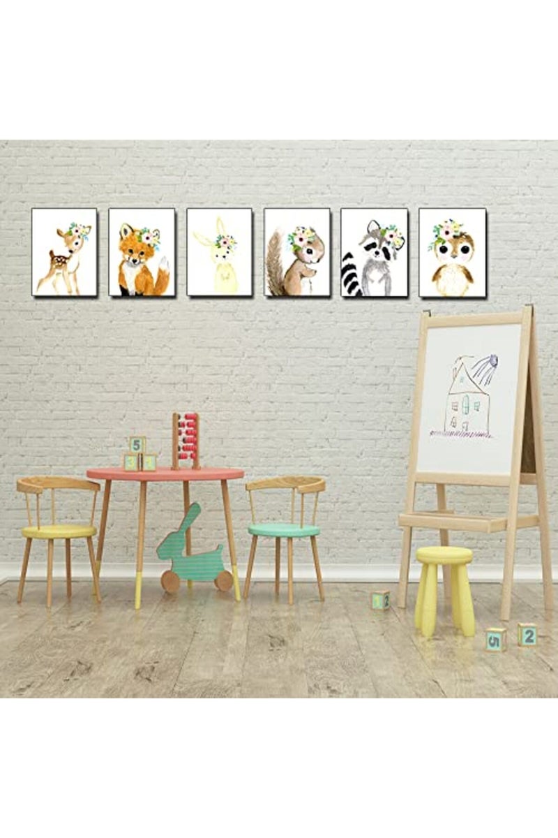 Kiddale Woodland Watercolor Animals Nursery Wall Art Prints, 6 Pieces Cute Safari Baby Floral Crown Animals Posters Pictures Wall Decor for Kids Girls Room Playroom Toddler Room (Unframed, 8 x 10 Inch) - Image 5
