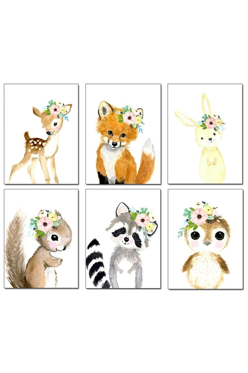 Kiddale Woodland Watercolor Animals Nursery Wall Art Prints, 6 Pieces Cute Safari Baby Floral Crown Animals Posters Pictures Wall Decor for Kids Girls Room Playroom Toddler Room (Unframed, 8 x 10 Inch) - Image 1