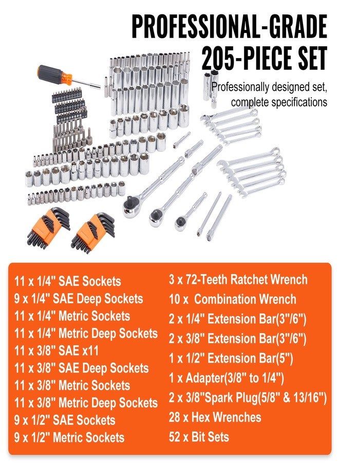 VEVOR Mechanics Tool Set and Socket Set, 1/4" 3/8" 1/2" Drive Deep and Standard Sockets, 205 Pcs SAE and Metric Mechanic Tool Kit with Bits, Combination Wrench, Hex Wrenches, Accessories, Storage Case - Image 3