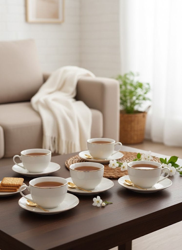 تراست طقم فناجين شاي بورسلان مع صحون (12 قطعة)، 200 مل، أبيض/ذهبي، يكفي لـ 6 أشخاص - Image 1