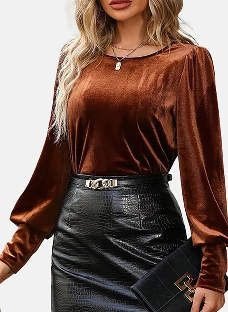 يونيكي Brown Solid Relaxed Long Sleeve Top