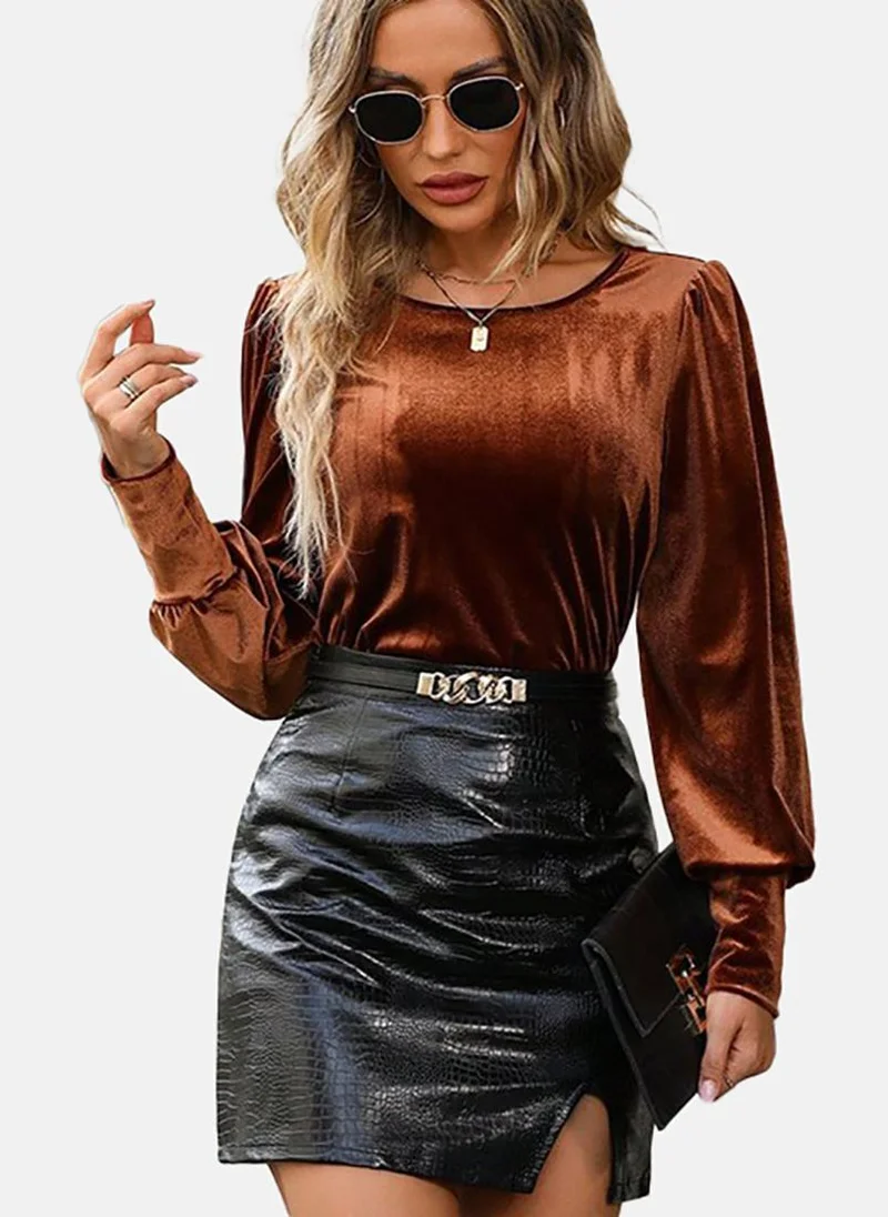 يونيكي Brown Solid Relaxed Long Sleeve Top