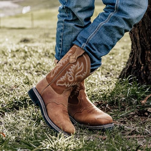 HISEA NINGO Steel Toe Work Boots for Men, Waterproof Slip on Square Toe Western Cowboy Boots, Comfortable Pull on Safety Work Shoes for Construction Industrial Working Welding Riding, Brown - Image 4