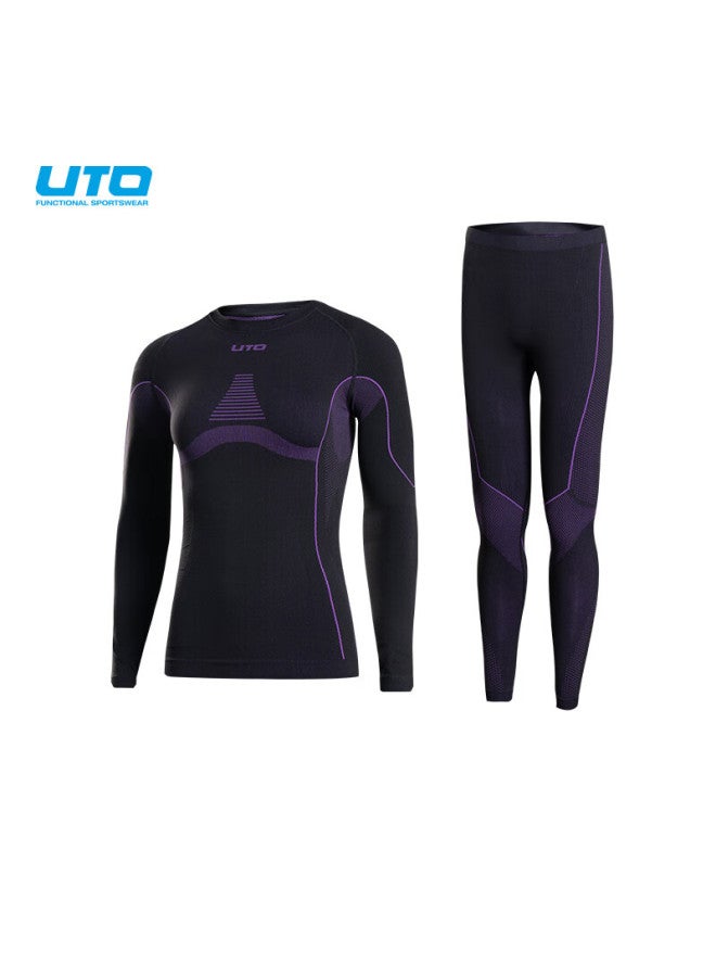 UTO Uto Quick-dry Compression Base Layer For Women, Functional Underwear For Skiing, Hiking, Outdoor Sports, Sweat-wicking And Warm Set, Black And Purple, Size L - Image 2