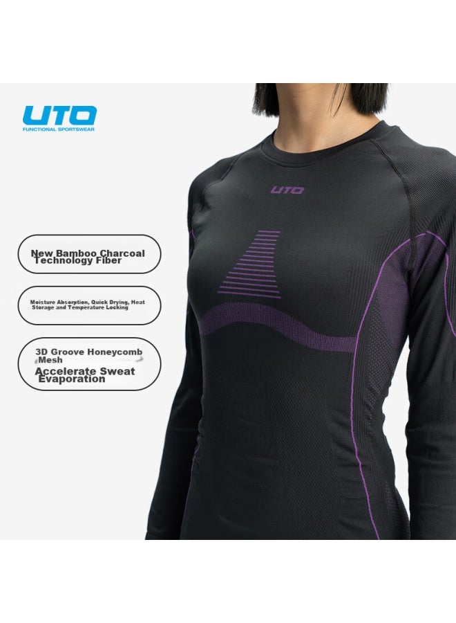UTO Uto Quick-dry Compression Base Layer For Women, Functional Underwear For Skiing, Hiking, Outdoor Sports, Sweat-wicking And Warm Set, Black And Purple, Size L - Image 3