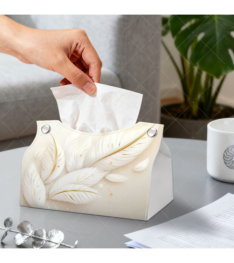Elegant White Feather Tissue Box Holder With Gold Outline Size 19 5X13X12cm For Office And Home - Image 1