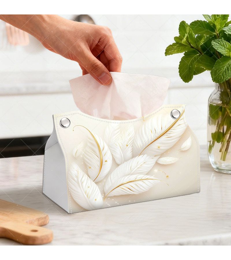 Elegant White Feather Tissue Box Holder With Gold Outline Size 19 5X13X12cm For Office And Home - Image 4