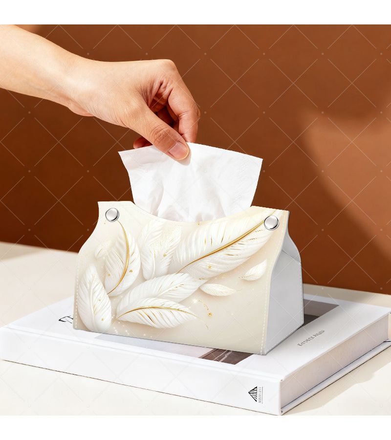 Elegant White Feather Tissue Box Holder With Gold Outline Size 19 5X13X12cm For Office And Home - Image 5