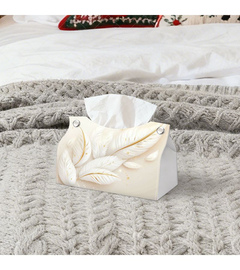 Elegant White Feather Tissue Box Holder With Gold Outline Size 19 5X13X12cm For Office And Home - Image 3