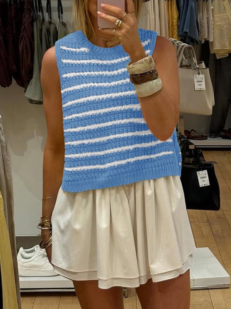 Saodimallsu Womens Sleeveless Striped Sweater Vest Crew Neck Summer Casual Side Split Knit Tank Tops Blue - Image 2