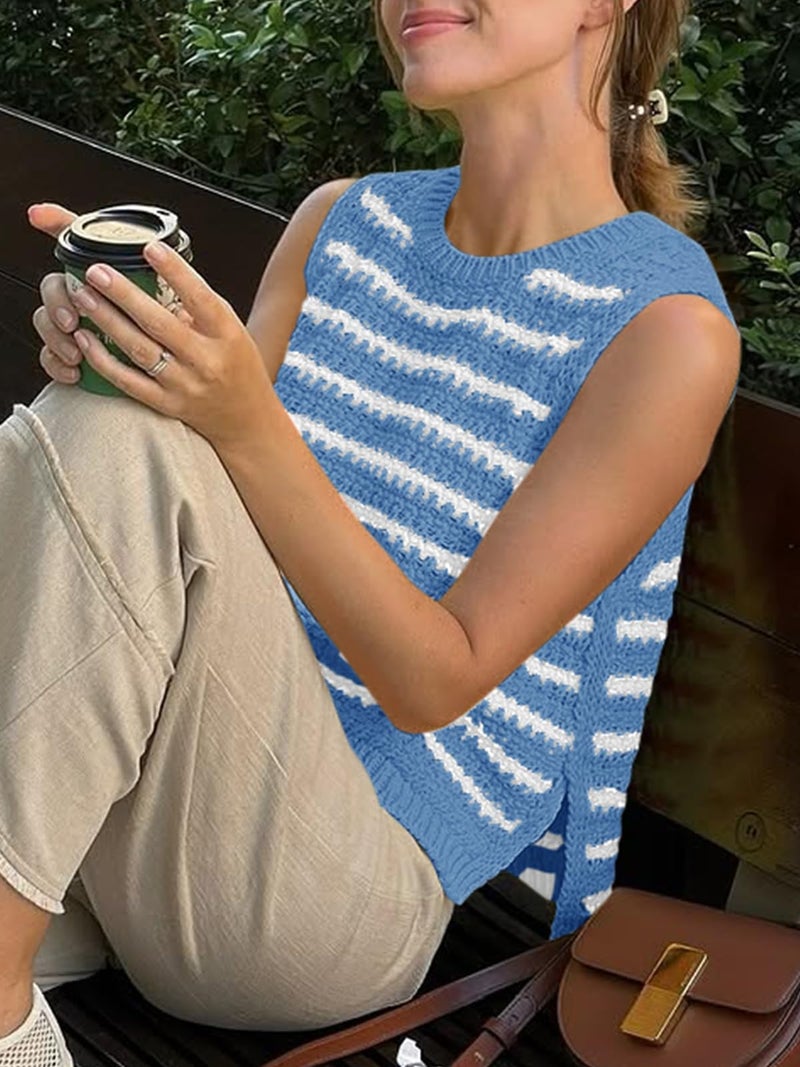 Saodimallsu Womens Sleeveless Striped Sweater Vest Crew Neck Summer Casual Side Split Knit Tank Tops Blue - Image 5