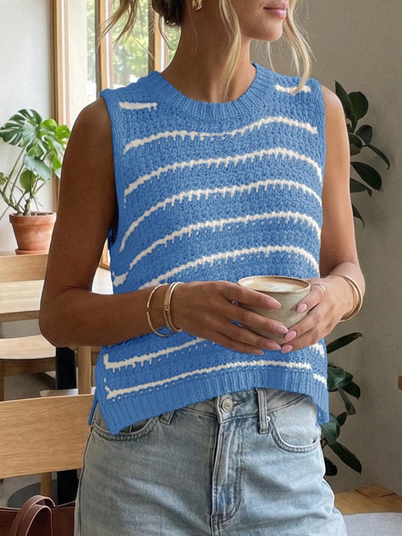 Saodimallsu Womens Sleeveless Striped Sweater Vest Crew Neck Summer Casual Side Split Knit Tank Tops Blue - Image 3