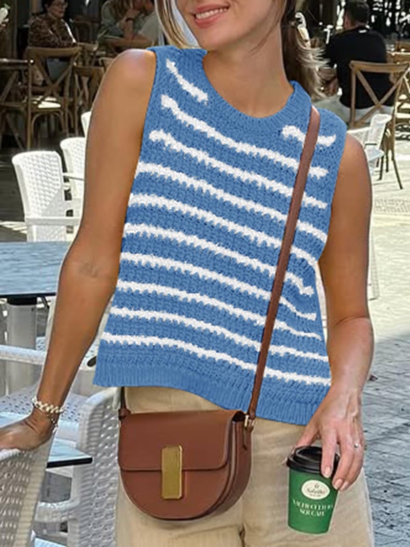 Saodimallsu Womens Sleeveless Striped Sweater Vest Crew Neck Summer Casual Side Split Knit Tank Tops Blue - Image 4