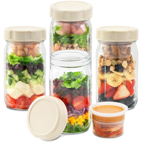 SOLIGT 4 Pack Glass Salad Jars with Lids Meal Prep, Leakproof Container for Lunch, Two Small Built-in Boxes with Wet/Dry Separation for Salad Dressing and Dry Ingredients, 32oz Mason Jars - Image 1