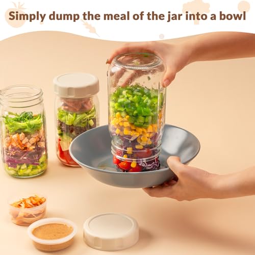 SOLIGT 4 Pack Glass Salad Jars with Lids Meal Prep, Leakproof Container for Lunch, Two Small Built-in Boxes with Wet/Dry Separation for Salad Dressing and Dry Ingredients, 32oz Mason Jars - Image 3