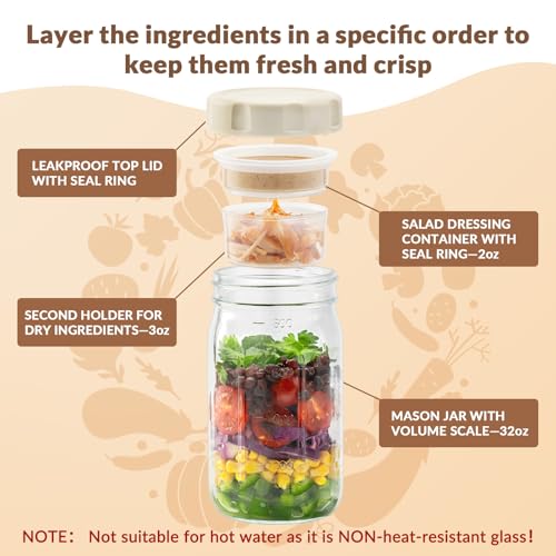 SOLIGT 4 Pack Glass Salad Jars with Lids Meal Prep, Leakproof Container for Lunch, Two Small Built-in Boxes with Wet/Dry Separation for Salad Dressing and Dry Ingredients, 32oz Mason Jars - Image 2