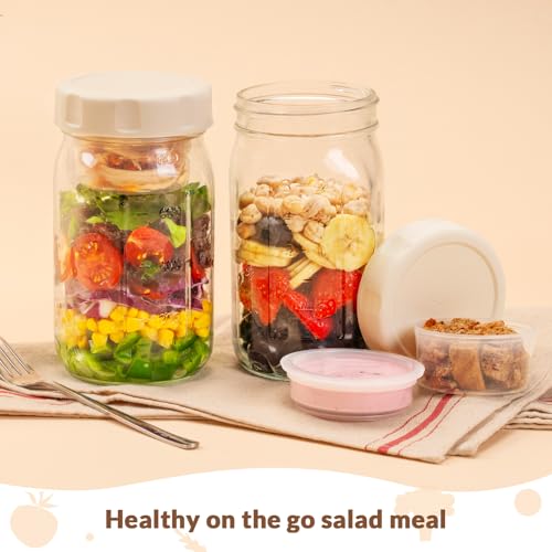 SOLIGT 4 Pack Glass Salad Jars with Lids Meal Prep, Leakproof Container for Lunch, Two Small Built-in Boxes with Wet/Dry Separation for Salad Dressing and Dry Ingredients, 32oz Mason Jars - Image 5