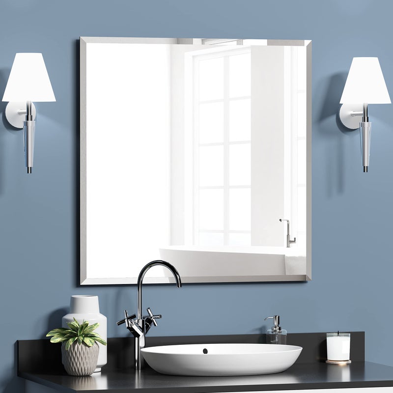 KOHROS Vanity Mirror Frameless Square Mirror 24 x 24 Bathroom Wall Mirror wPencil Polished Edge AntiRust Tempered Glass Hangs Horizontally or Vertically