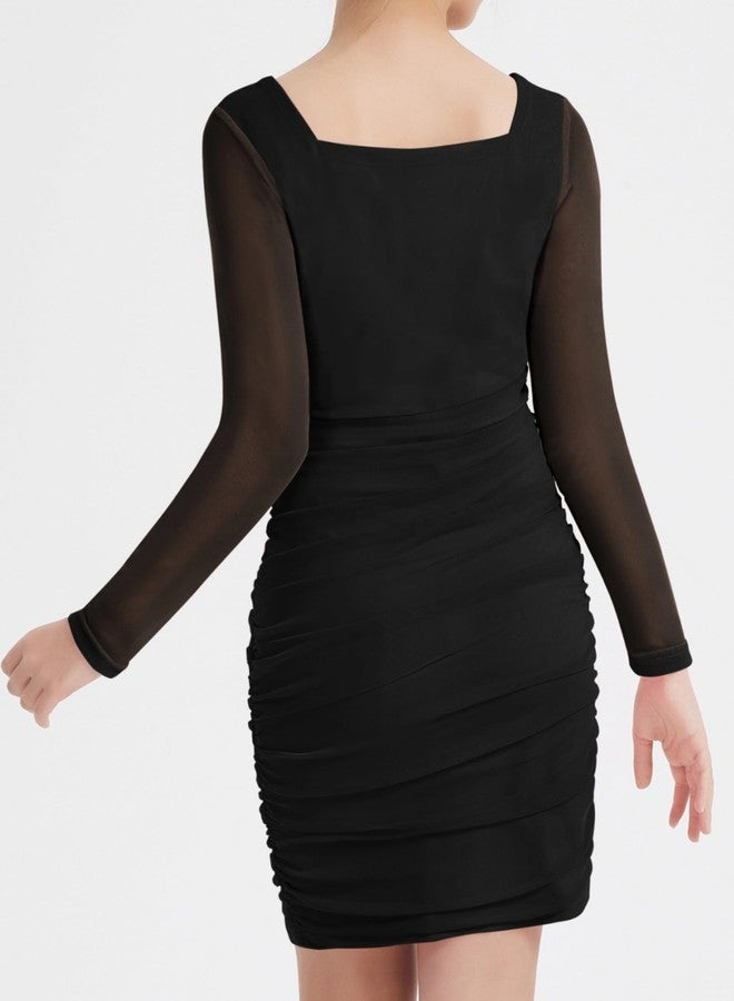 EXARUS Girls Formal Long Sleeve/Spaghetti Strap Dress Teen Party Dance Tween Bodycon Ruched Prom Fitted Cute Dresses, Long Sleeve Black, 8 Years - Image 3