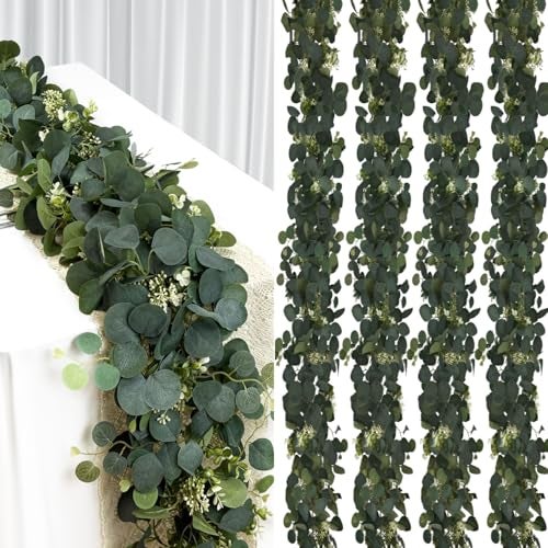 DEYIXUN 4Pcs 6FT Eucalyptus Garland, Green Garland with Flowers,Artificial Faux Greenery Vines for centerpieces Wedding Party Table Runner Room Home Mantle Decor - Image 1