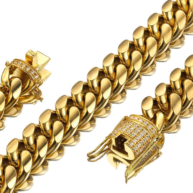 Jxlepe Mens Miami Cuban Link Chain 18K Gold 15mm Stainless Steel Curb Necklace with cz Diamond Chain Choker (20, Necklace) - Image 1