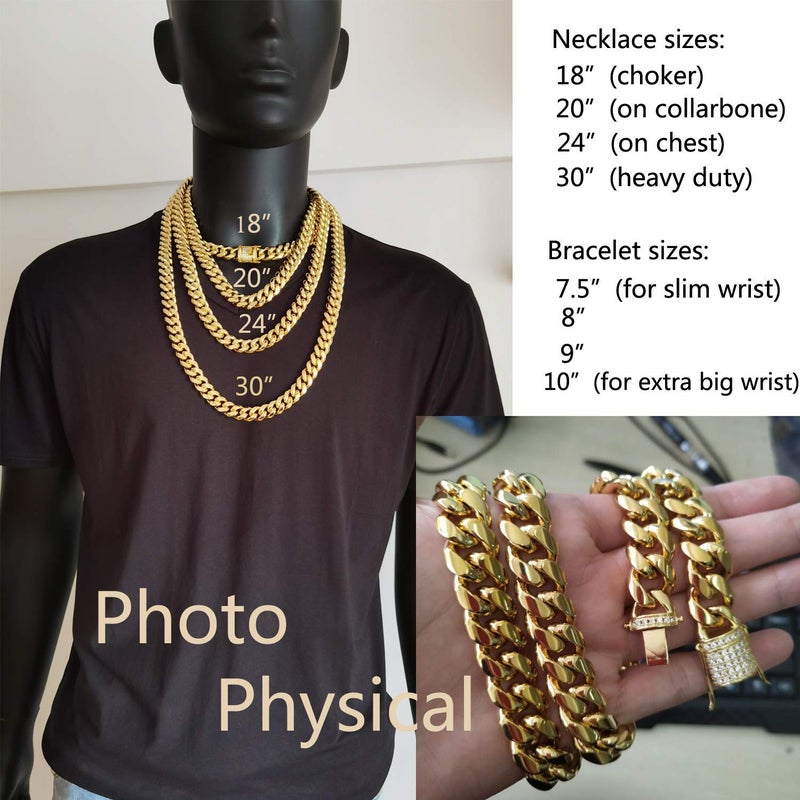 Jxlepe Mens Miami Cuban Link Chain 18K Gold 15mm Stainless Steel Curb Necklace with cz Diamond Chain Choker (20, Necklace) - Image 4